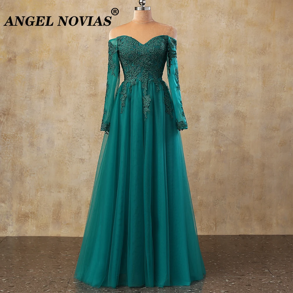 

Real Picture Long Sleeves Green Mother of the Bride Dress with Appliques Tulle Wedding Evening Dress Vestido Madre De La Novia