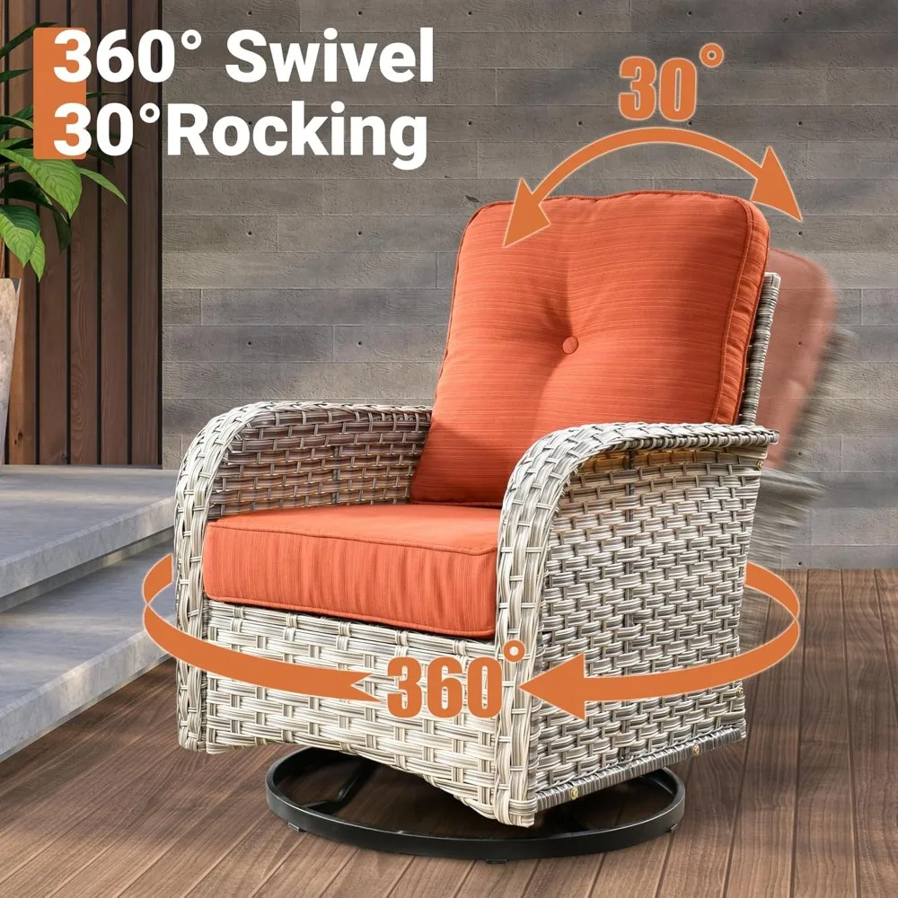 Outdoor Swivel Rocking Chair Set of 3 with Coffee Table, Patio Wicker Rocker with Comfortable Thicken Deep Seating, 3