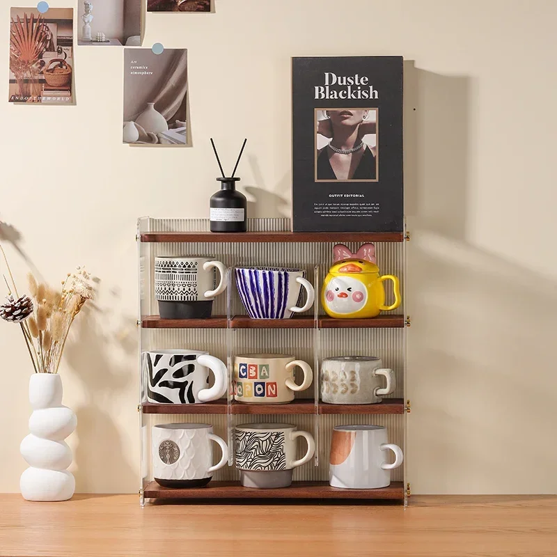 Nordic Acrylic Glass Storage Holder, Detachable Tea Set and Coffee Cup Organizer, Desktop Wooden Partition Rack 3