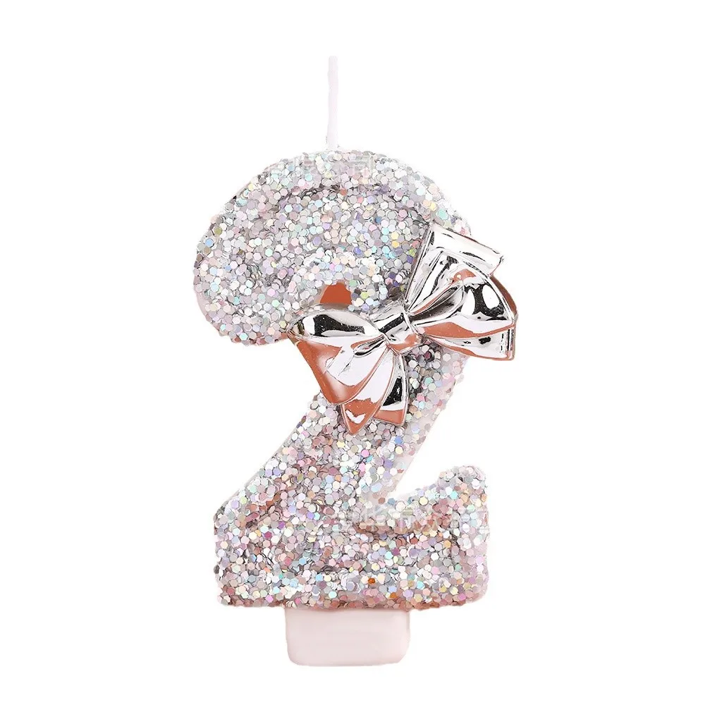 Creative 0-9 Number Candles with Silver Glitter Bow Birthday Cake Topper Decoration for Party Supplies