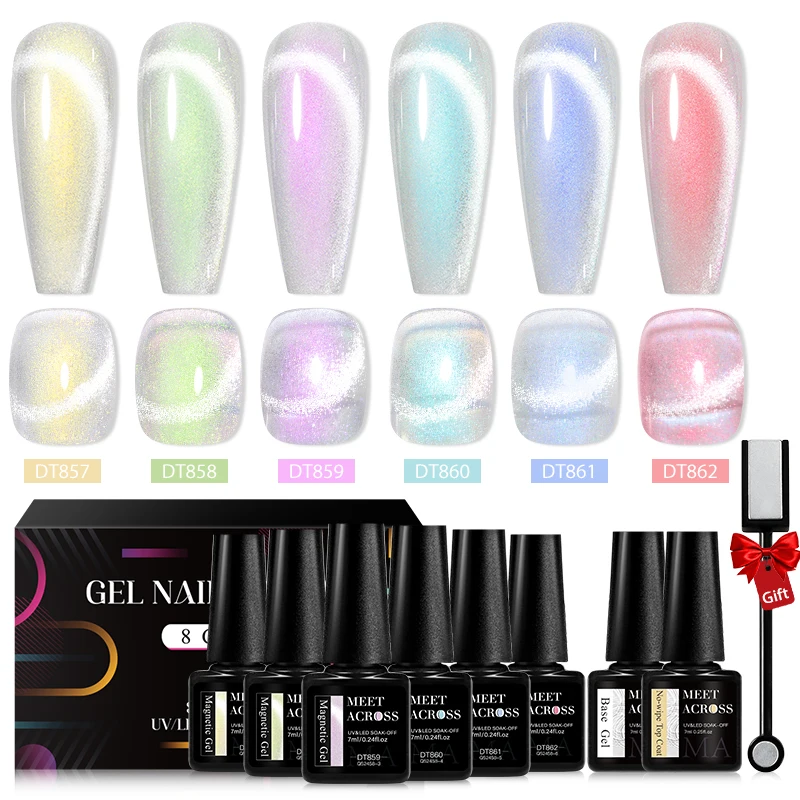 MEET ACROSS 8Pcs/Set Magic Cat Magnetic Gel Polish With Magnetic Stick Sea Blue Nail Art Gel Varnish Manicure Set For Nails 2