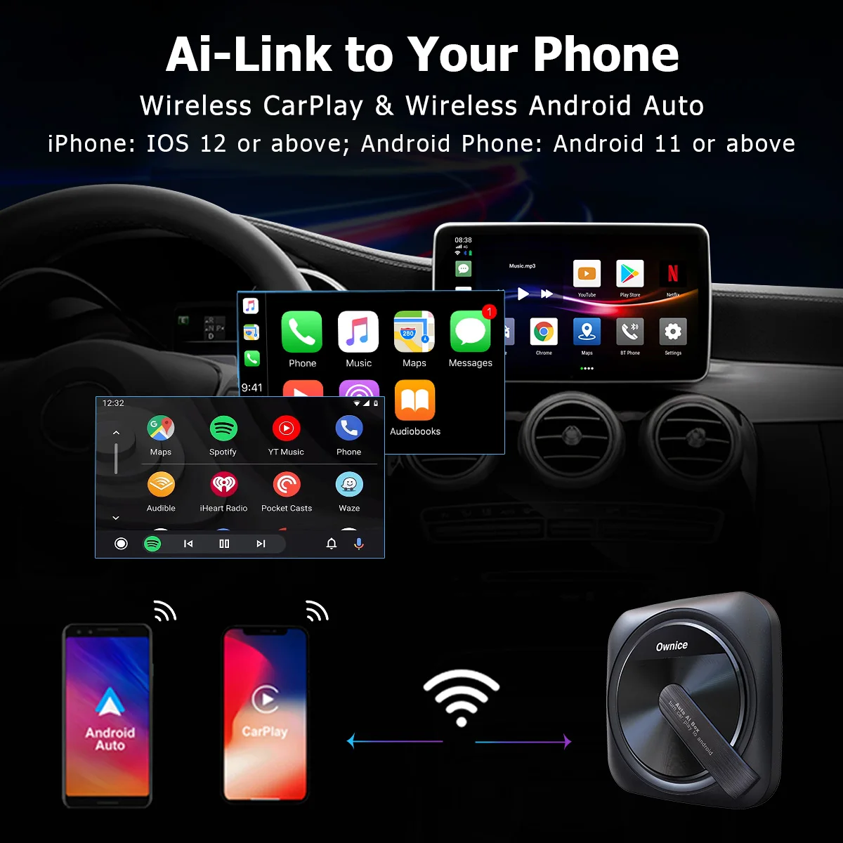 자동 카플레이 AI 박스 스트리밍 박스 어댑터, 스마트 TV 비디오, GPS 네비게이션, HDMI, 안드로이드 11, 스포티파이, 넷플릭스, 기아, 푸조 제네시스용