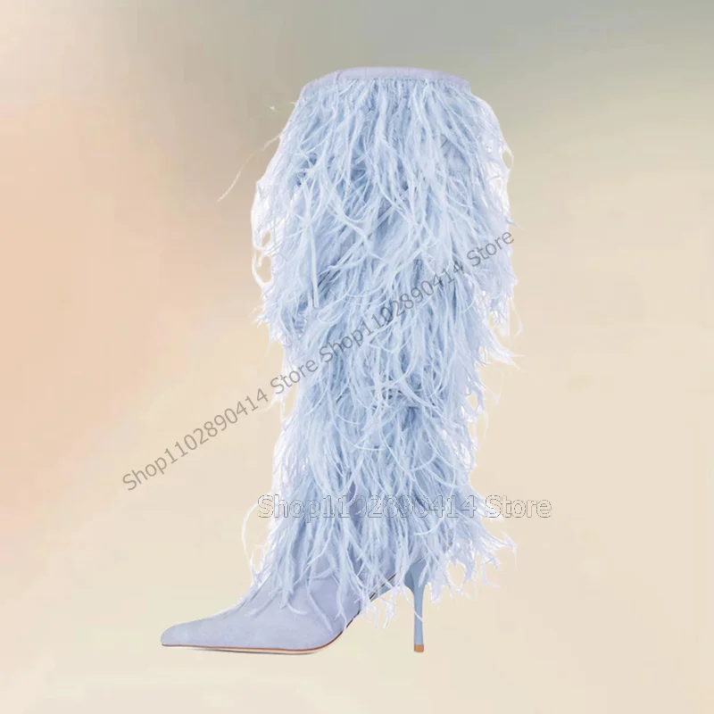 

Sky Blue Feather Decor Pointed Toe Boots Elastic Band Women Shoes Thin High Heels Novel Fashion Party 2024 Zapatos Para Mujere
