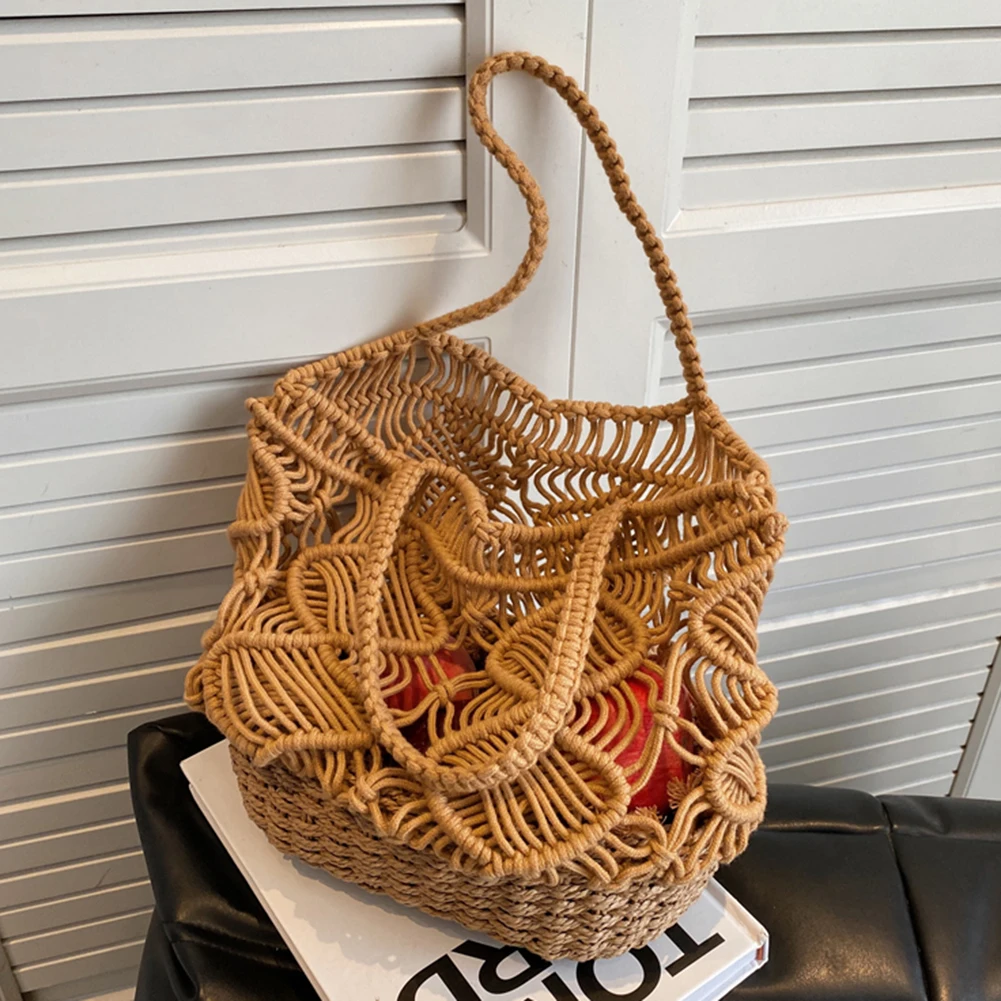 2023 Summer Woman Woven Handbags Girls Fashion Beach Bag Hollow-out Cotton  Rope Female Bucket Tote Bag Ladies Casual Shopper Bag