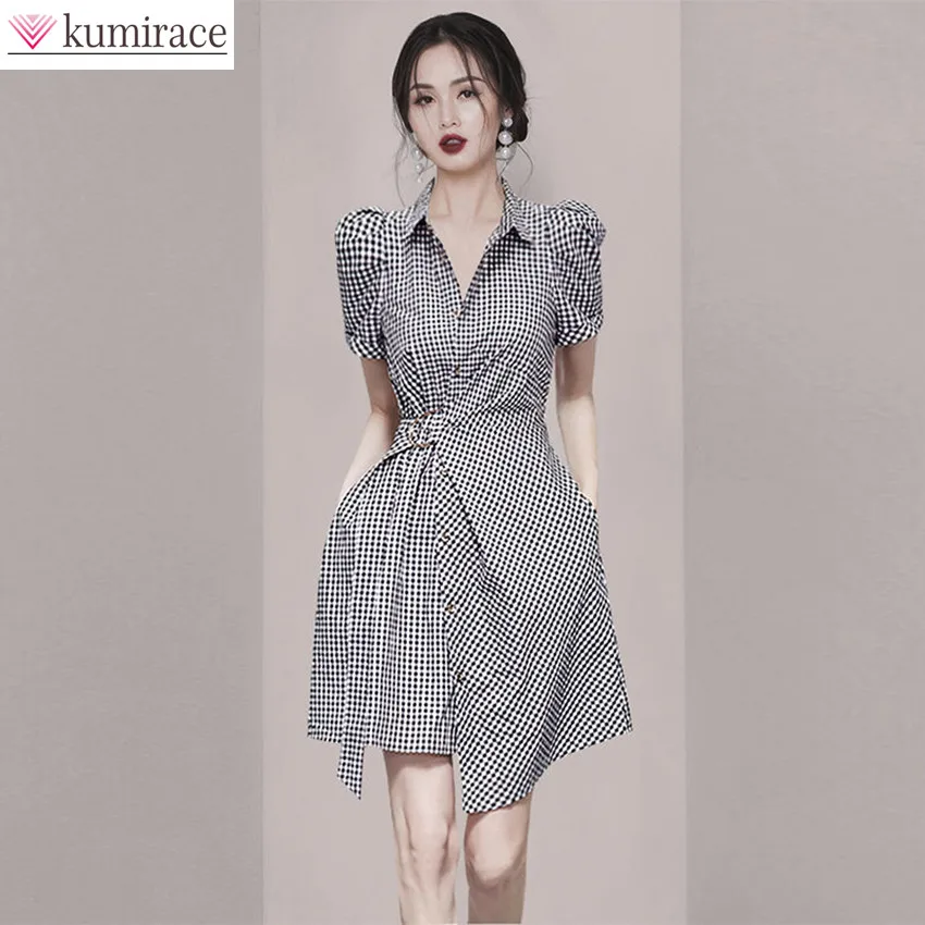 

Goddess Style Temperament Waist Cinched Plaid Irregular Dress 2024 Summer Korean Version New Design Sense Niche Shirt Skirt