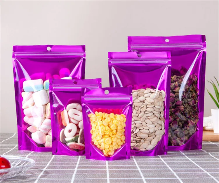 100pcs Stand Up Clear Front Purple Ziplock Packaging Bag Resealable Snack Candy Coffee Spice Corn Sugar Storage Hanging Pouches