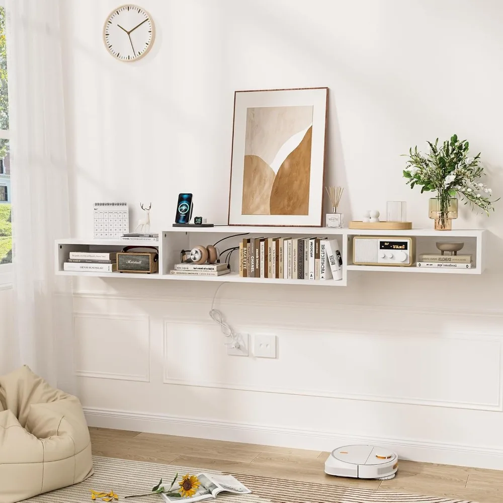 71 Inch Floating TV Stand with LED Light Power Outlet, TV Wall Mount Floating Shelf with Storage Rack, White 2