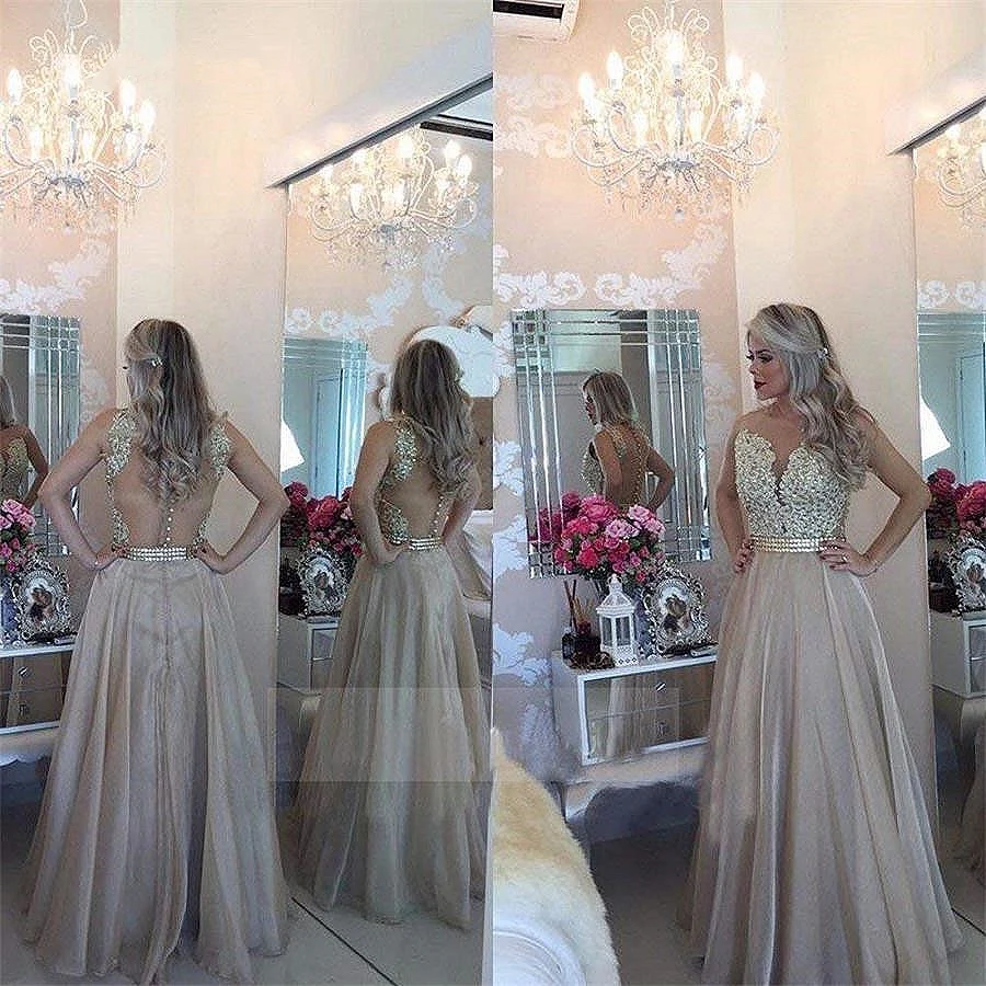 Champagne Beaded Lace Applique Prom Dress V-Neck Sexy Backless Special Occasion Gown Floor Long Summer Elegance Chiffon women party dresses