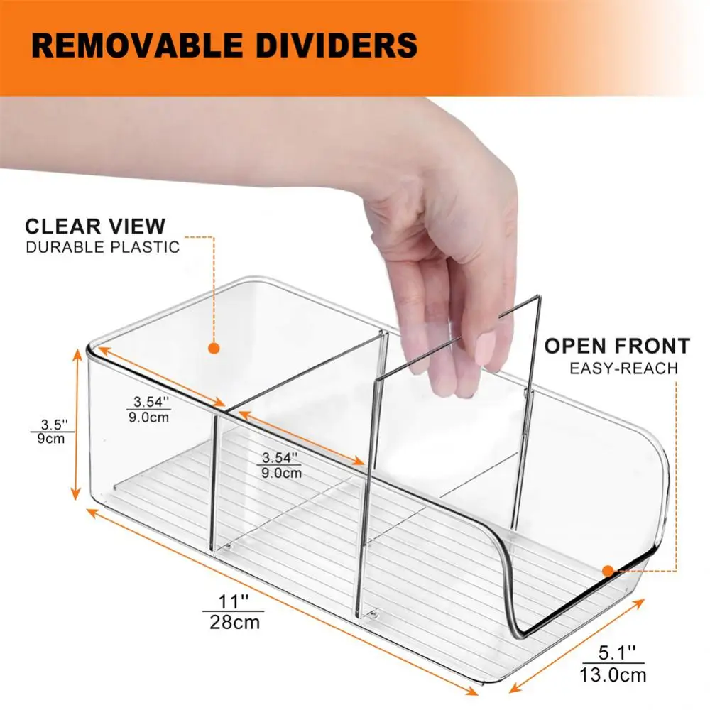 Clear Organizer Bins With 3 Removable Dividers Snack Vegetable Storage Box  Sundries Sorting Box In WHITE