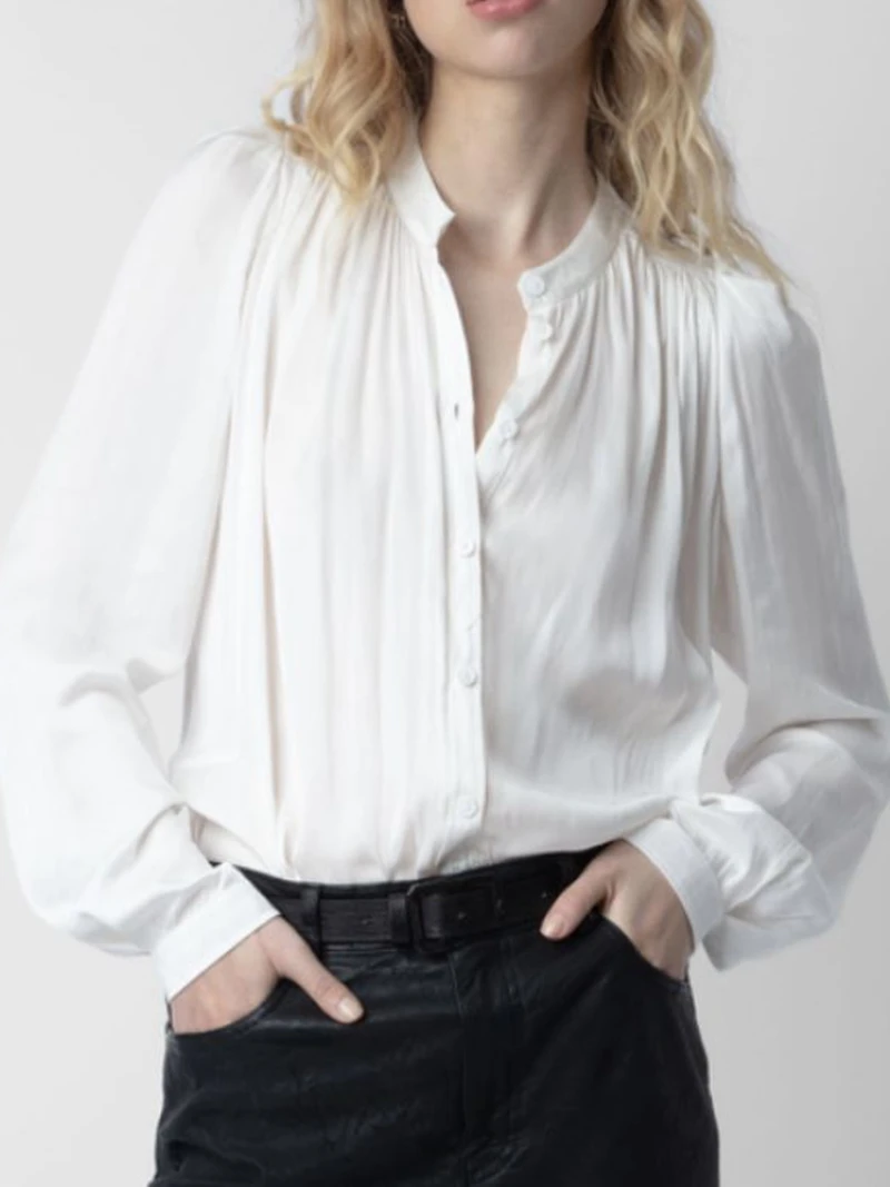 

Women's Shirt 2024 Spring/Summer New High end Texture Silk Smooth Pure White Standing Neck Long sleeved Top Sweatshirt