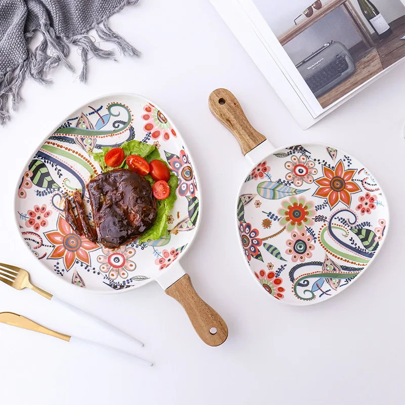 Oval dinner plate high temperature matte glaze acacia wood handle ceramic plate steak Western food pasta