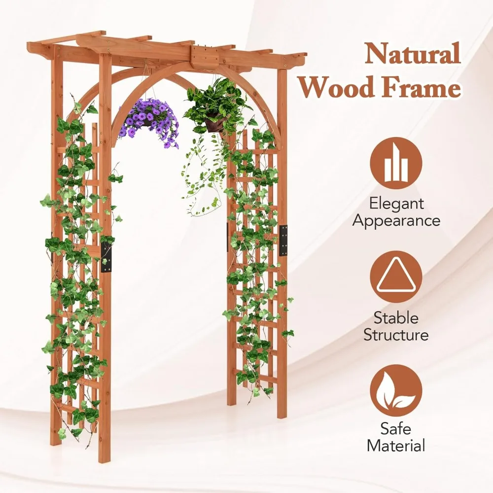 Happygrill Wood Garden Arbor, 84 Inch Outdoor Archway Pergola w/Decorative Hanging Roof & Side Climbing Trellis, Garden Arch for