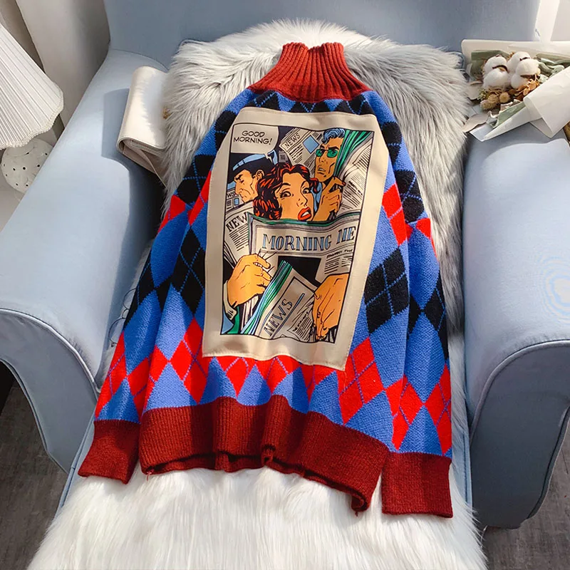 

EBAIHUI Cartoon Print Women's Turtleneck Argyle Sweater Pullover Knit Thicken Long Sleeve Top Vintage Baggy Jumper Chic Knitwear
