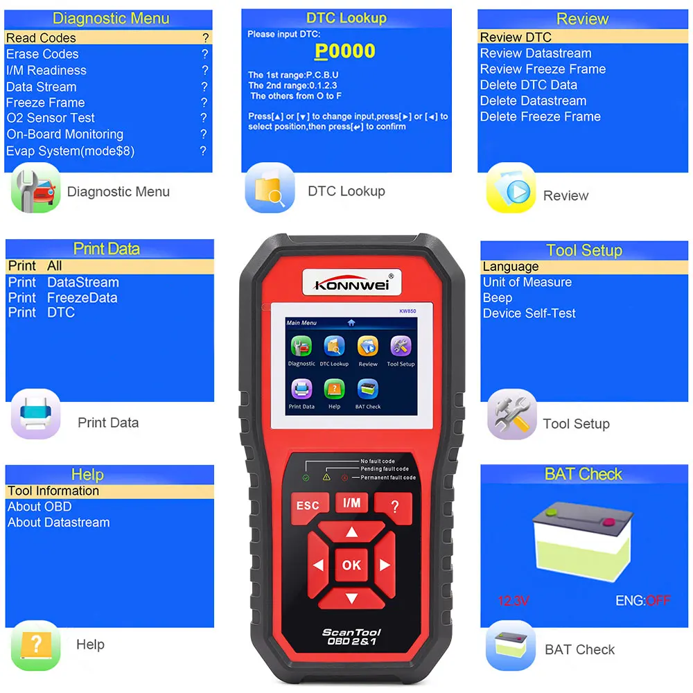 KONNWEI KW850 Car OBD2 Scanner Professional Car Diagnostic Scanner Tools Check Engine Automotive Battery Check 6