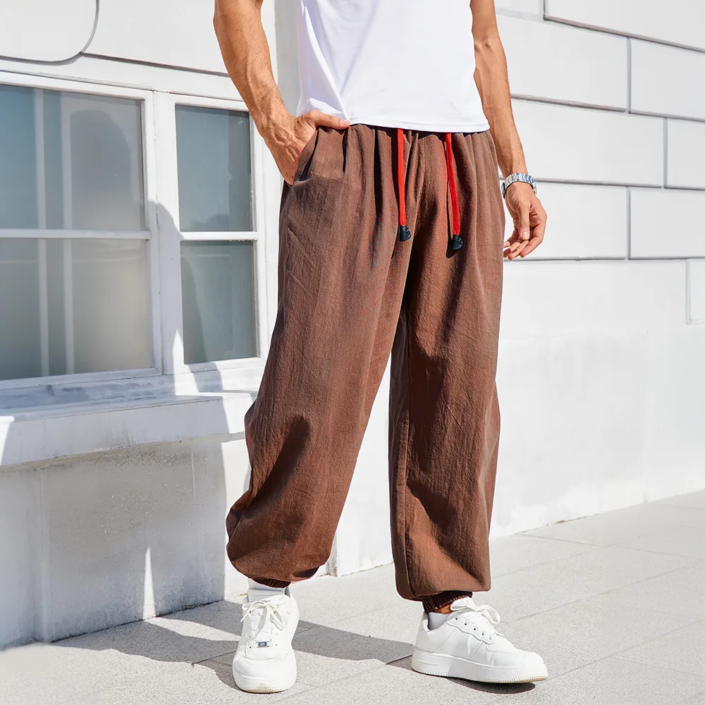 Herren Baumwoll-Leinen Haremshose Lässige Trendige Bequeme Atmungsaktive Hose Locker Sitzende Einfarbige Jogginghose Lange Herrenhose – Detail 3