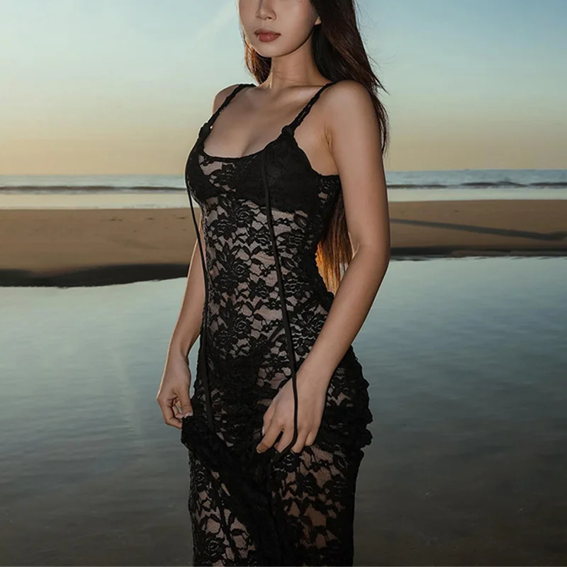 Lace Dresses Women Summer Sheer See Through Spaghetti Strap Sleeveless Bodycon Long Dress Sexy Evening Party Dresses
