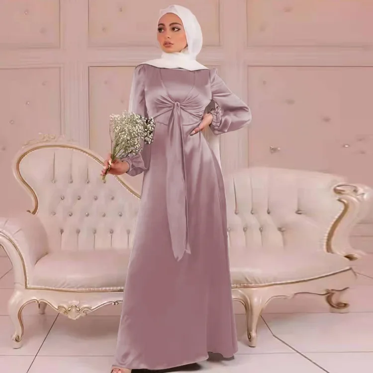 Eid Mubarak Satin Abaya Muslim Hijab Dress Ramadan Abayas for Women Dubai Party Dresses Turkey Islam Kaftan Robe Femme Musulmane