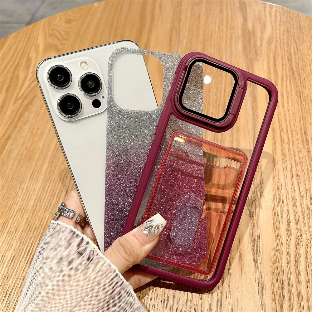 Shiny Card Bag Photo Clip Acrylic Case for iPhone 11 12 13 14 15 16 Pro Max Plus Soft Frame Flip Lens Glass Bracket Clear Cover