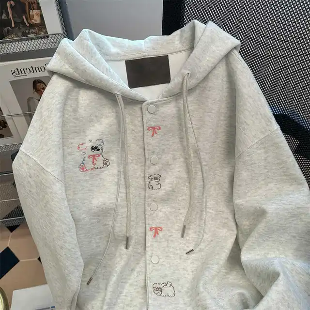 Vintage Cute Dog Print Sweatshirt Open Cardigan Men Women Autumn Loose College Style Casual Match Hat Hoodie Jacket 1