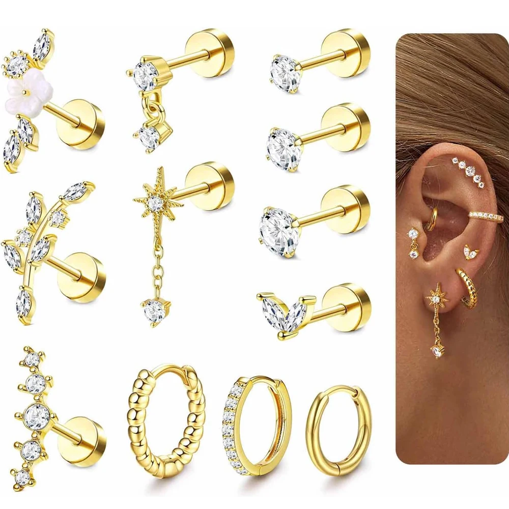 2 oder 12 Stück 14K Gold Knorpelohrringe für Frauen, flache Rückseite, hypoallergener chirurgischer Edelstahl-Ohrstecker, Knorpelohrring
