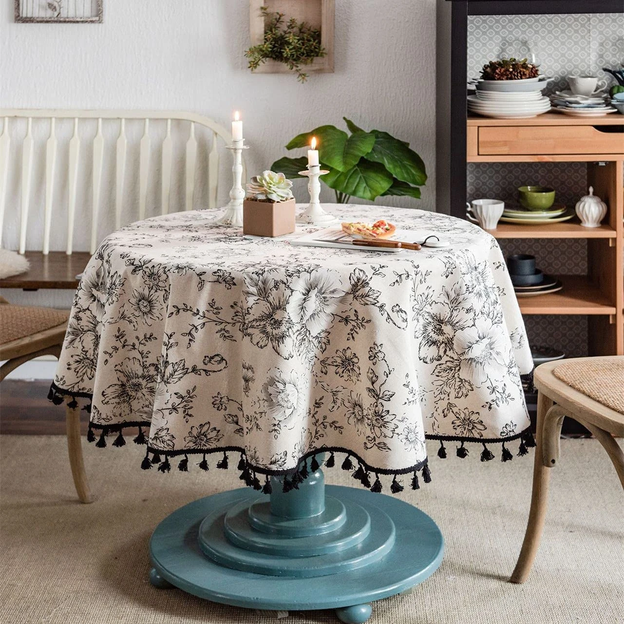 Katoen Linnen Tafelkleed Ronde Tafelkleed Met Kwastje Stofdicht Bloemen Ronde Tafel Cover Voor Keuken Eetkamer Tafelblad Decor| | -