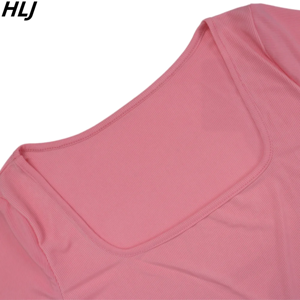 HLJ Spring New Ribber Two Piece Sets Women Square Neck Long Sleeve Top And Wide Leg Pants Tracksuits Casual Home 2pcs Outfits