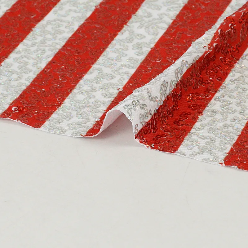 Glitzy Embroidery Sequin Red Stripe Printed Stretch Knit Ground Clothsing Making Party Events Dancewear Fabric