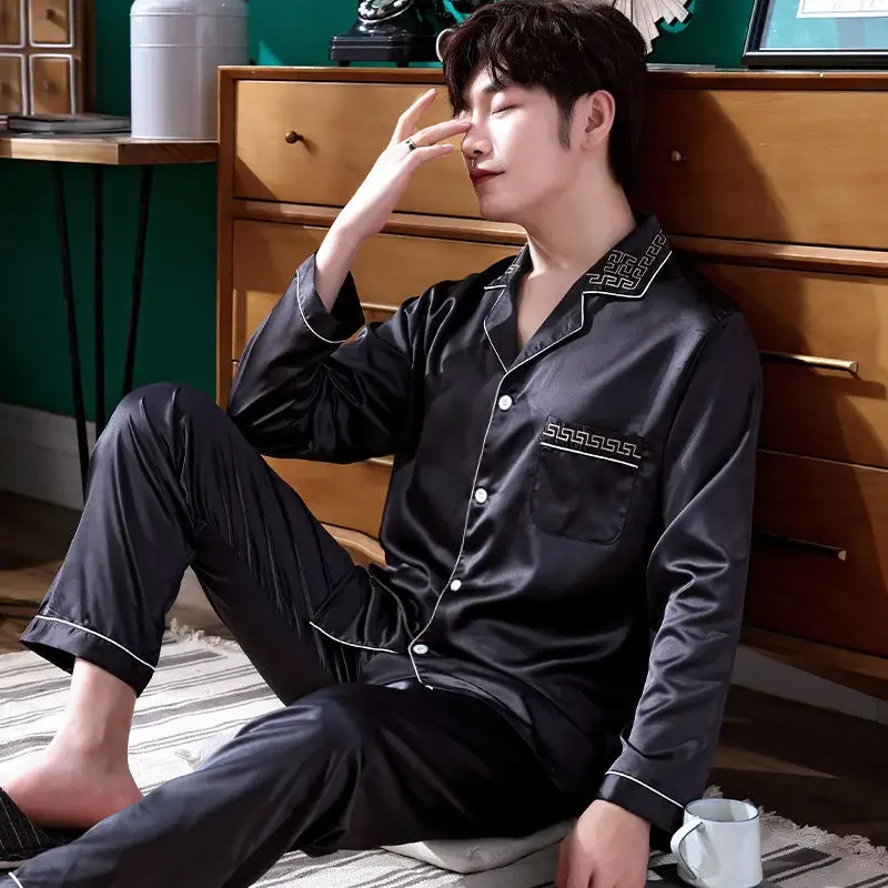 2024 New Spring Autumn Men Long Sleeve Pajama Set Thin Plus Size Middle-aged Ice Silk Cardigan Loungewear Loose V-neck Homewear