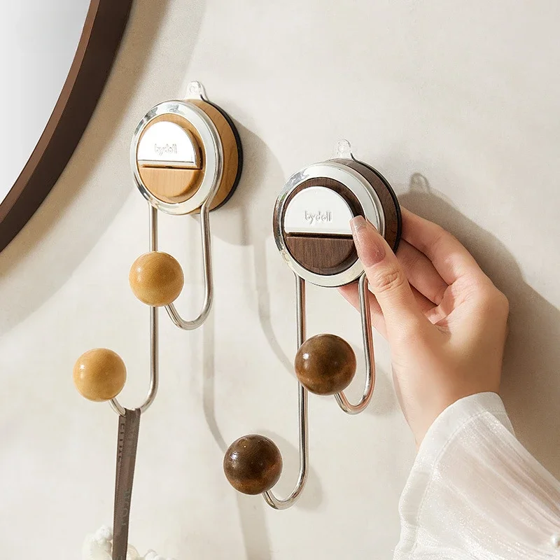 Home Multi-functional No-punch Hook Light Luxury Walnut Bathroom Porch Coat Hook Creative Wall Hanging Storage Rack Organizer