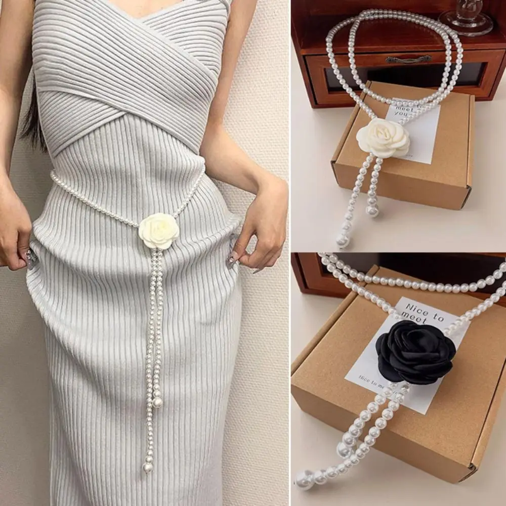 

Camellia Flower Pearl Waist Belts Fashion Elegant Accessories Pearl Waist Chain Dress Decorative Elastic Belt Women