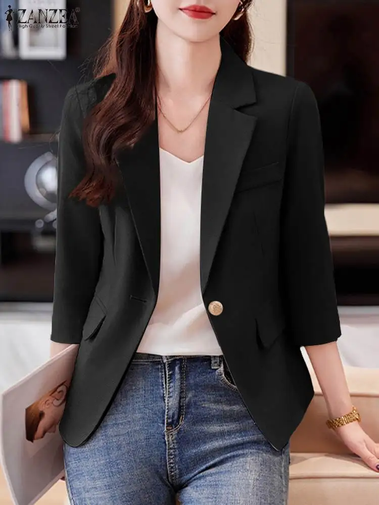 Fashion Women OL Work Blazer Autumn Jackets Thin ZANZEA Elegant Lapel Neck 3/4 Sleeve Suits Office Lady Coats Solid Outwear