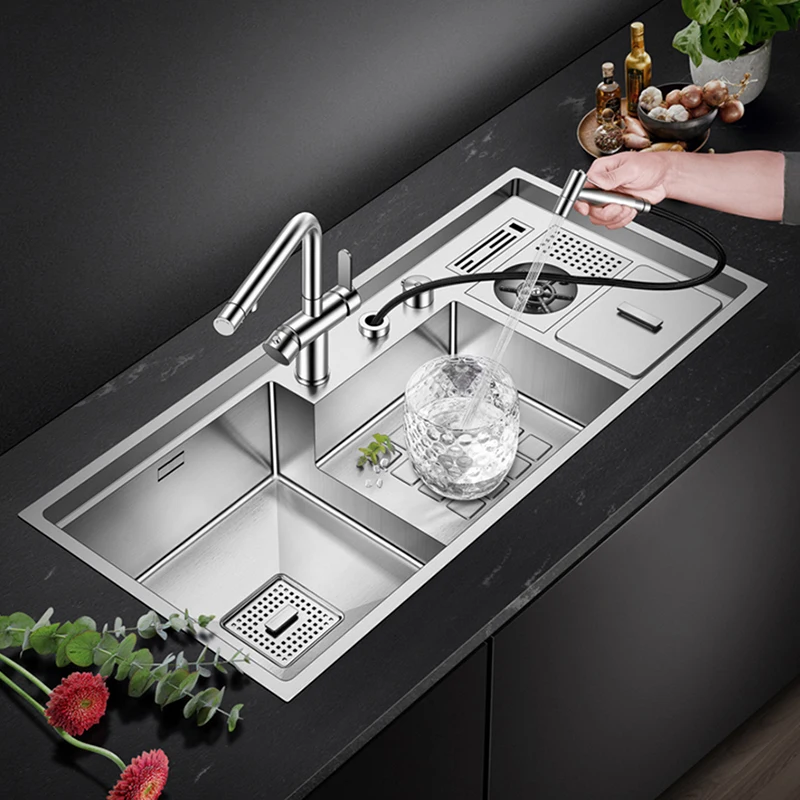 Large Size SUS 304 Stainless Steel Cup Rinser kitchen Sink 220mm Depth 4mm Thickness Handmade kitchen Sinks With Trash Can 2