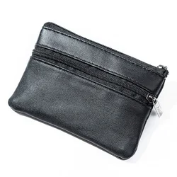 Unisex Leather Coin and Key Holder with Zipper (Black)