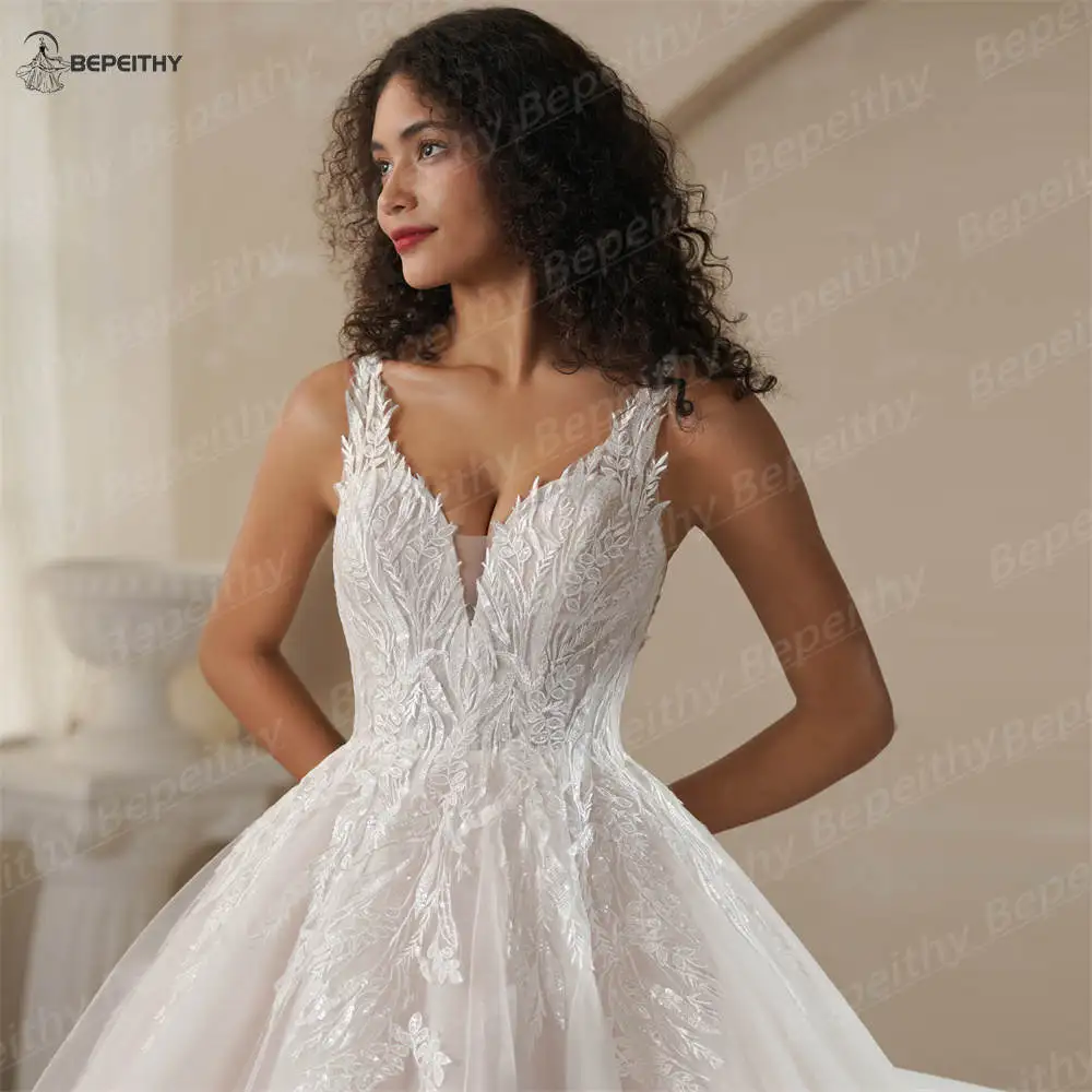 BEPEITHY Customized A-Line Champagne Wedding Dresses 2025 Spring V Neck Sleeveless Romantic Bride Ivory Bridal Gown Vestidos 6