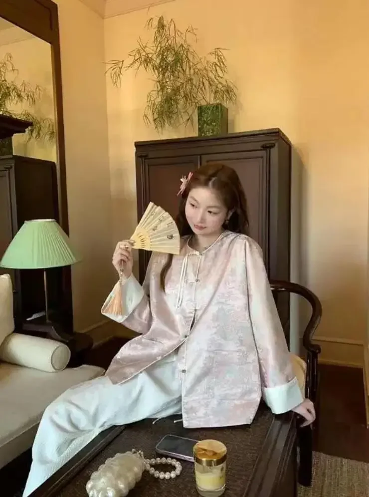 Sports Jacket New Chinese jacquard short jacket female spring and fall national style improved Tang loose pink blouse
