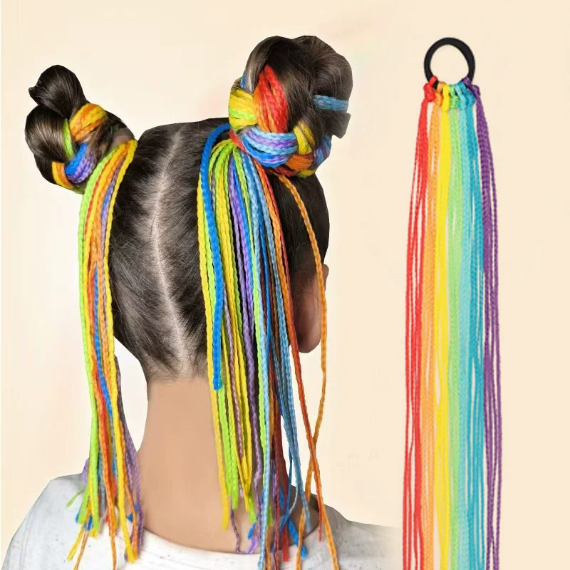 Synthetic Colorful Hair Braids Ponytail Extensions with Rubber Bands Rainbow Braided for Girls DIY Women Accessories Hairpieces