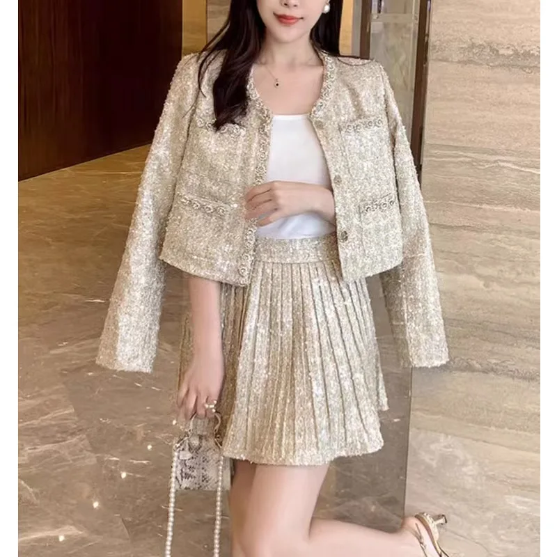 

High Quality Dress Sets 2023 For Women Elegant Sequins Folds Solid A-Line Short Coat Sets Skirt Mini Party Club Summer