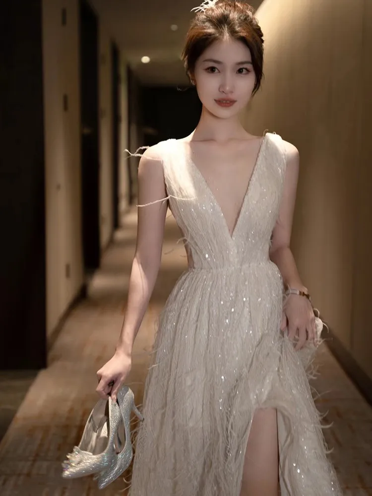 

New Evening Dress Women's Banquet Light Luxury Feather Adult Ceremony Elegant V-neck Wedding