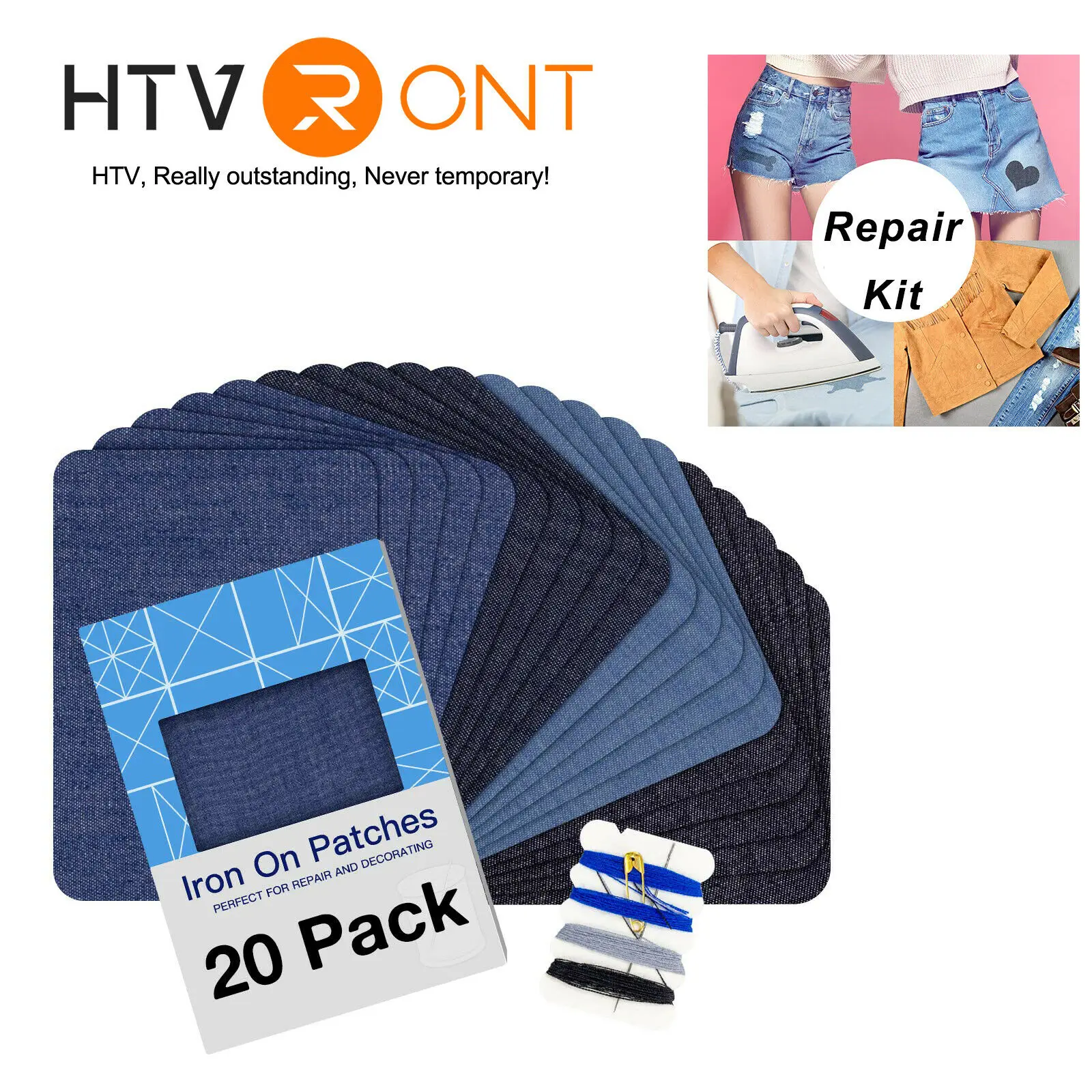 20pcs Jeans Denim Patches Iron On Elbow Knee Patches DIY Repair Kits For Clothing Pants Apparel Embroidered Sewing Fabric