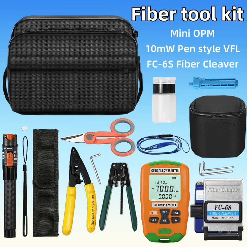 

FTTH Fiber Optic Tool Kit With FC-6S Fiber Cleaver Mini Optical Power Meter Tester Visual Fault Locator(10mW VFL) Fiber Stripper