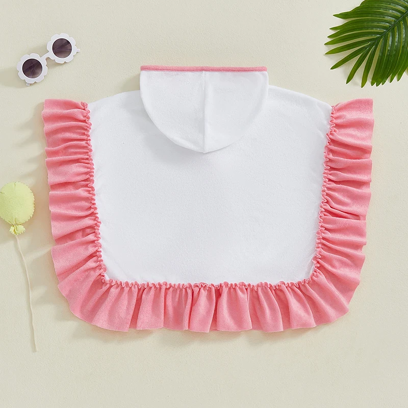 1-4Years Kids Baby Girl Hooded Poncho Towels Toddlers Contrast Color Bow Ruffled Loose Fit Beach Robe Cover-ups Swimwears children swimwear