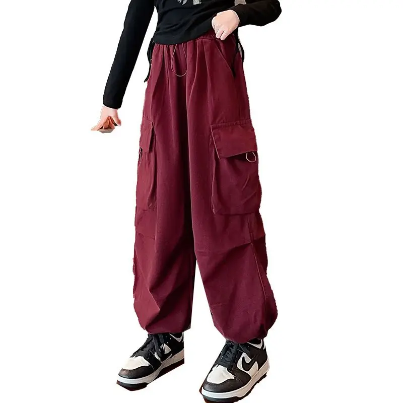 

Cool Girls' Cargo Pants Wide-Leg Floor Mopping Mutiple Pockets 2024 Spring Summer Drawstring Elastic Waist 5-13 Years Old