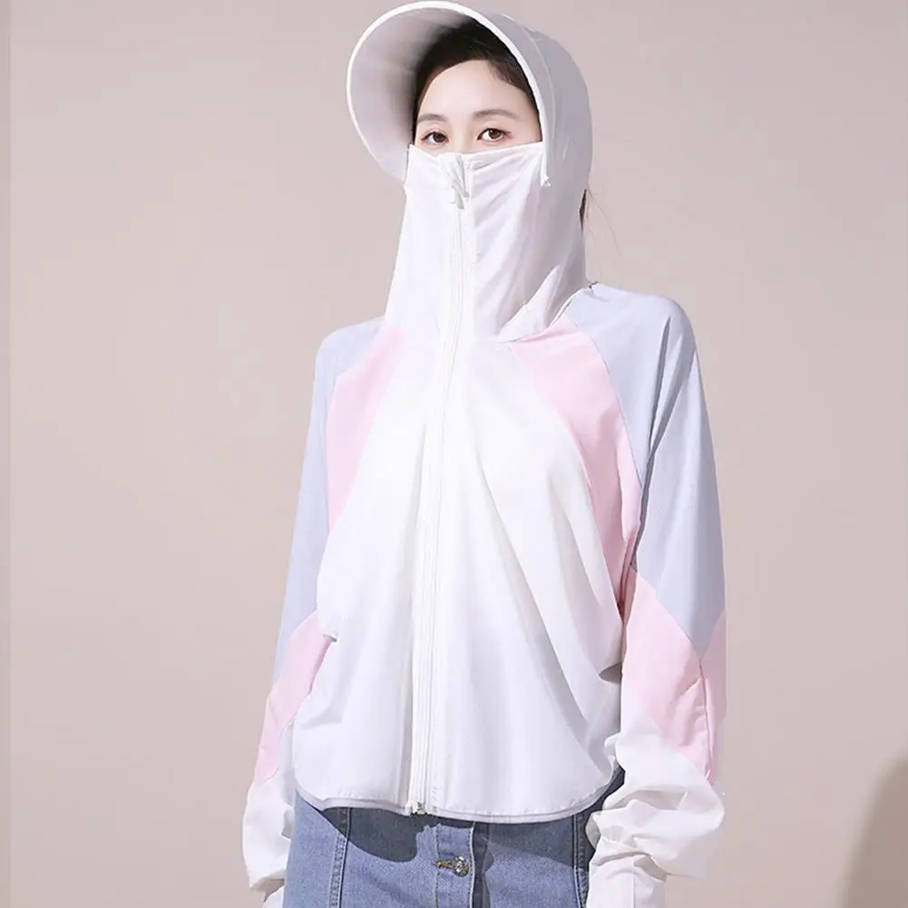 Women Sun Protective Clothing Summer Outdoor Breathable UV Protective Contrast Color Hooded Jacket For Hiking Camping Scooter