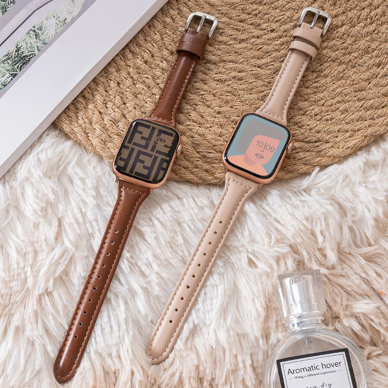 

Slim leather strap for Apple Watch ultra band 49mm series 7 8 41/45mm correa 38/42mm Wrist bracelet iWatch SE 6 5 4 3 40mm/44mm