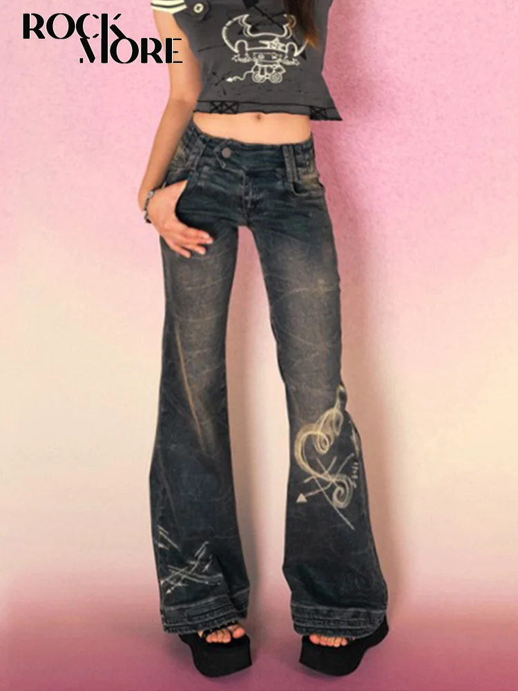 RockmoreY2KLowRiseFlareJeansforWomanStreetwearAestheticPrint