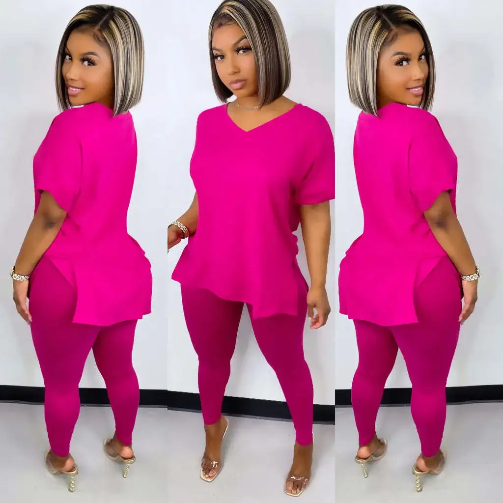 Solid V Neck Casual Loose Long Pant Set 2024 Summer 2 Two Pcs Sets Casual Tracksuits Street Outfits -- Color : Ivory - Size : XL