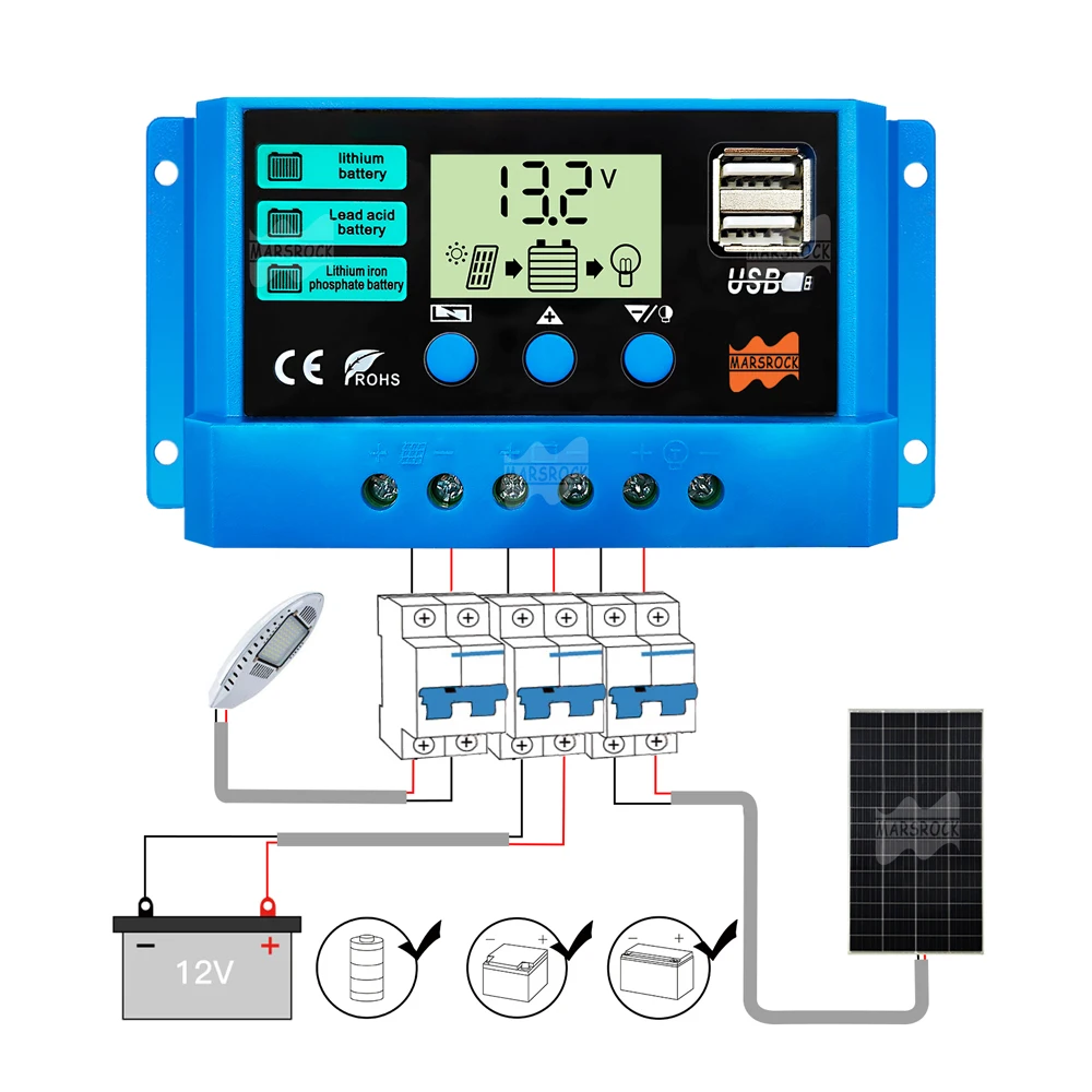 Regolatore di carica solare 10A 12V/24V regolatore di tensione pannello solare fotovoltaico con caricatore solare PWM Display LCD singolo USB