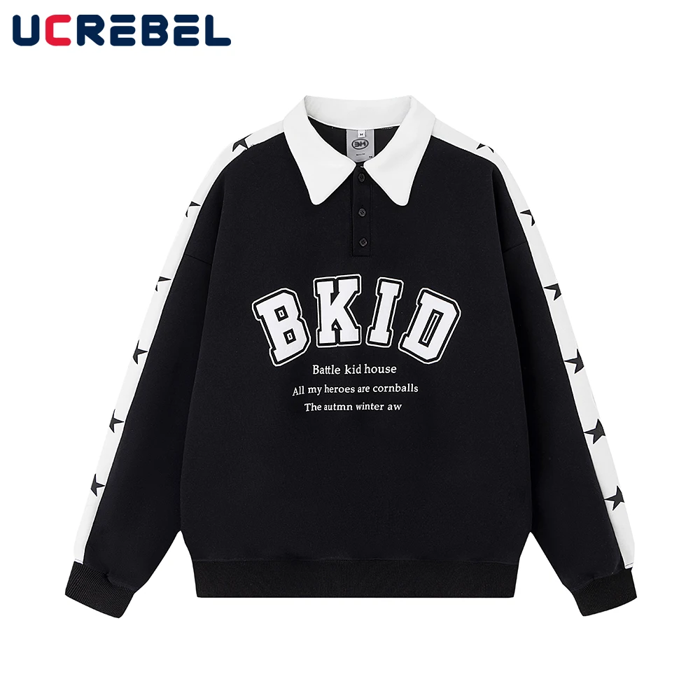 

Letter Print Casual Long Sleeve Sweatshirts Mens High Street Loose Five-pointed Star Contrast Paneled Lapel Tops