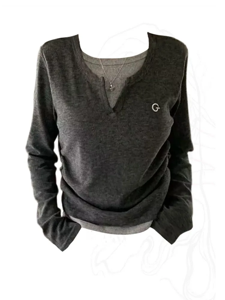 여성용 페이크 투피스 티셔츠, 패치워크 긴팔 캐주얼 티, 한국 패션, 새로운 디..