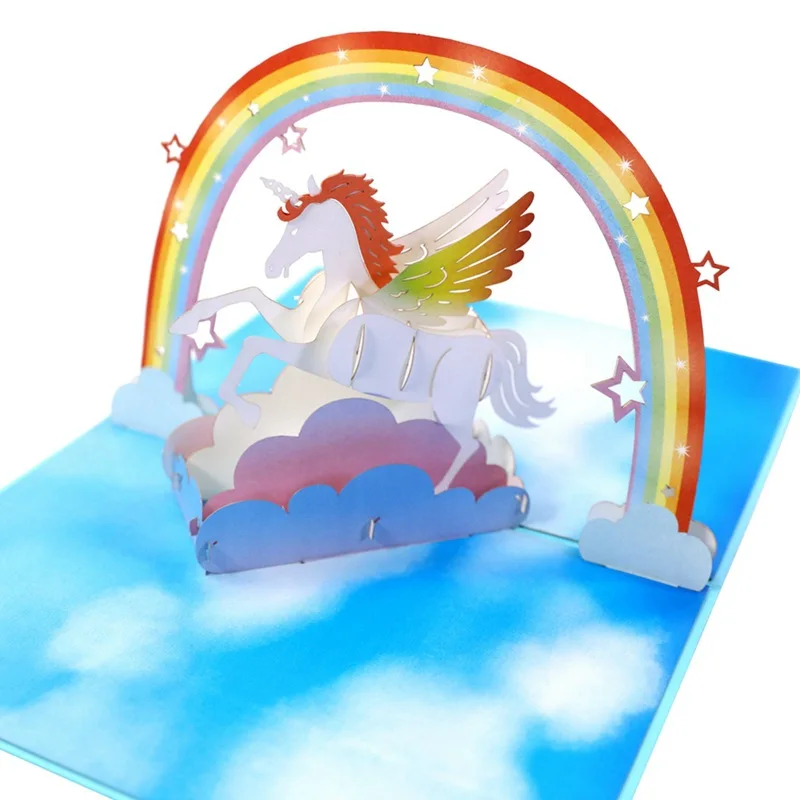 Pop up style Holiday Greeting Cards Creative Animal 3D Handmade Unicorn Paper Carving Birthday Gift